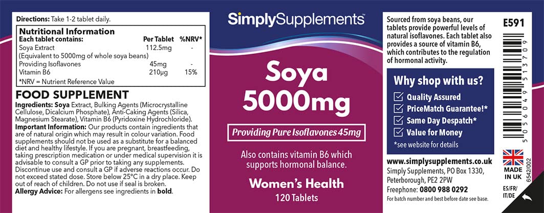 SOYA Isoflavones 5000mg | Supports Hormonal Balance with Vitamin B6 | Potent Daily Formula | Vegan and Vegetarian Friendly | 120 Tablets = 2 Months' Supply | Manufactured in The UK
