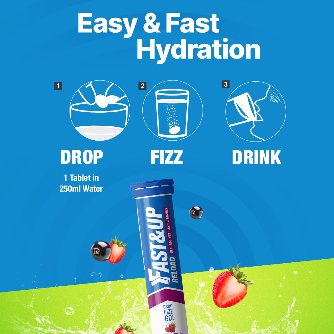 Fast&Up Reload – Mixed Berry Flavour – 80 Effervescent Tablets – Instant Electrolytes for Rapid Hydration & Energy - Added Vitamin C & B12 for Performance, Wellbeing, Travel & Recovery –Vegan