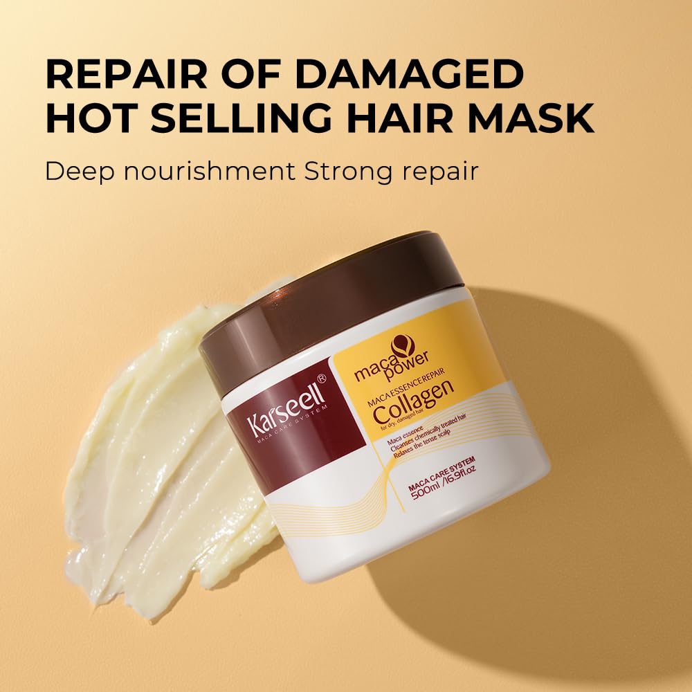 Karseell Collagen Maca Essence Repair Set, Collagen Hair Mask 500ml & Maca Essence Hair Oil 50ml, Argan Oil Hair Treatment for Dry Damaged Hair All Hair Types