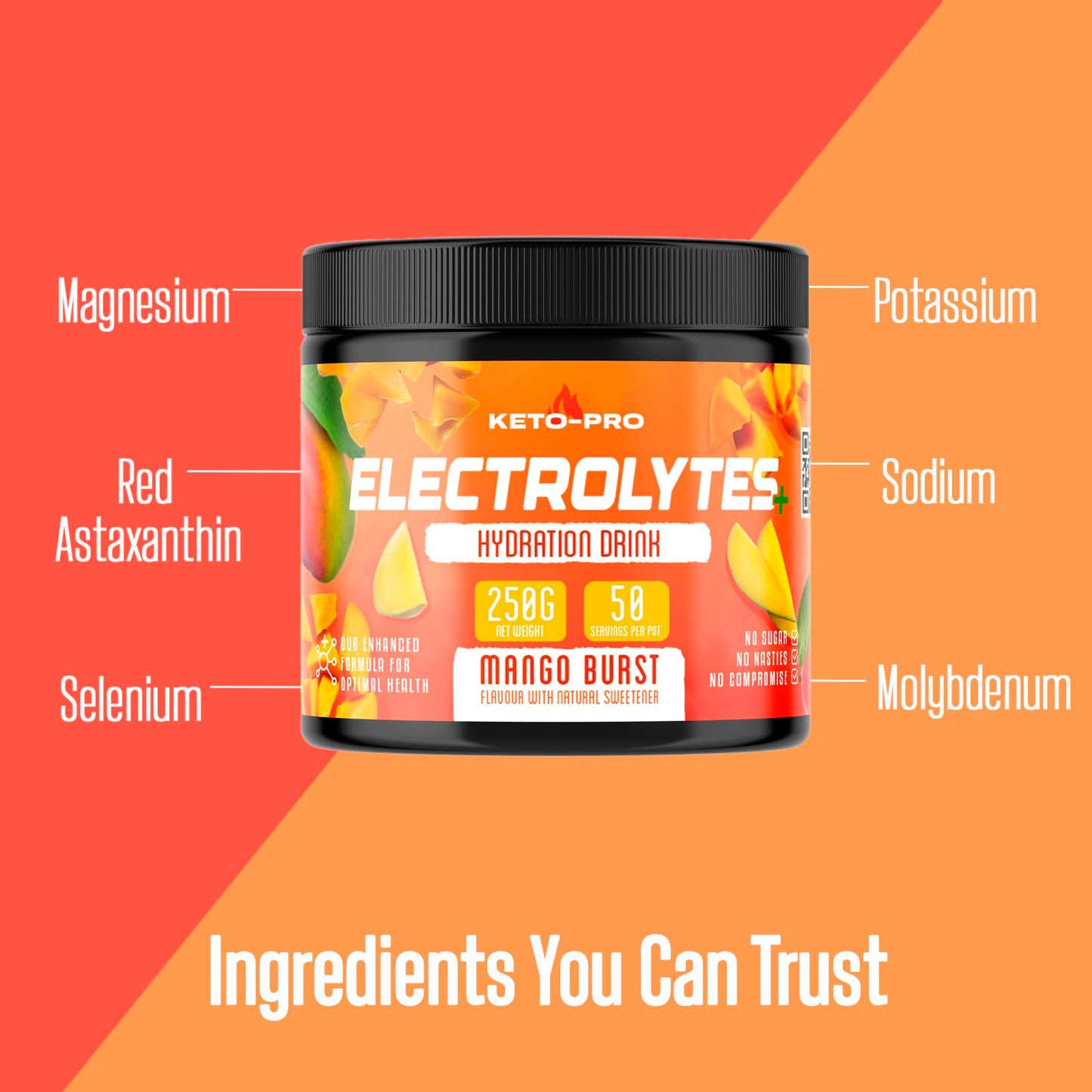 Keto-Pro Electrolytes 250g | Keeping You Electric | Electrolyte Powder & Salts with Astaxanthin | Supporting Your Keto Fasting, Health & Fitness Goals | Mango Burst Flavour