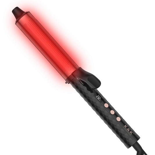 K&K Professional Red Light Therapy Infrared Dual Voltage Curling Iron, 38mm Rose Gold Aluminium Barrel, with Display for Temperature Control up to 232°C