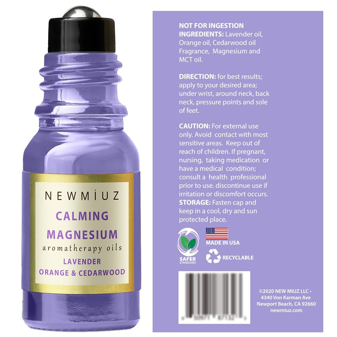 Calm Magnesium Roller Lavender Orange Cedarwood Essential Oil Roll On Blend Calming Aromatherapy Stick Self Care Products Relaxation Stress Relief Gifts for Women Destress Perfect Stocking Stuffers