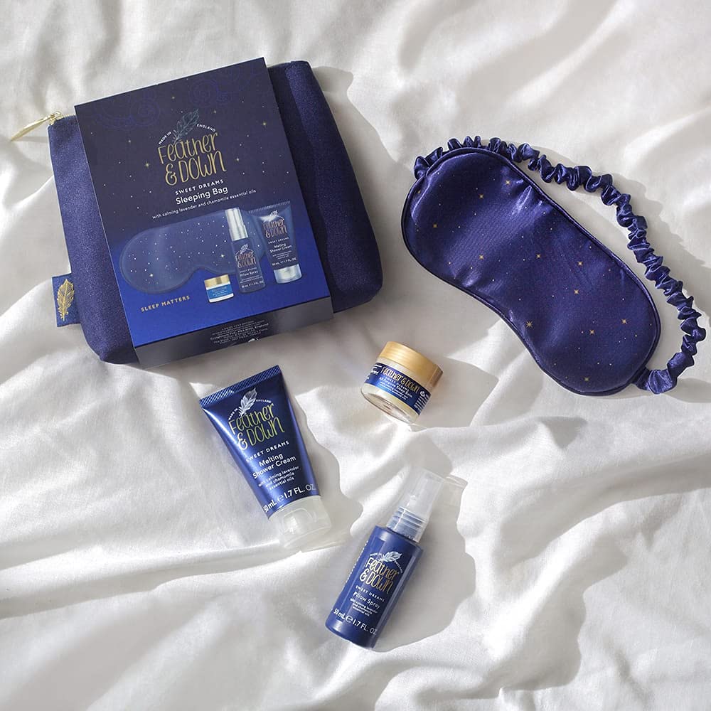Feather & Down Sleeping Bag Gift Set (luxury eye mask, sleep balm, pillow spray and shower cream) - with calming lavender & chamomile essential oils. Vegan Friendly & Cruelty Free.