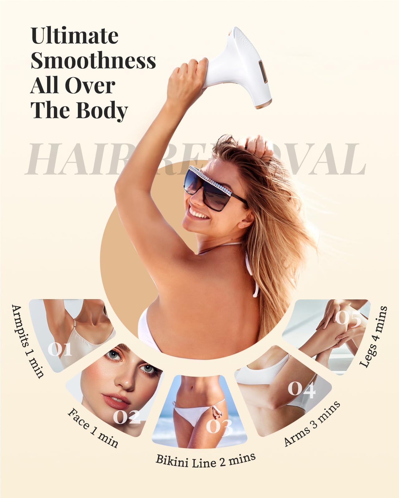 Haarlosy IPL Laser Hair Removal, 3-in-1, Faster, Painless and Salon Quality Results at Home, Hair Removal Device for Women and Men, Long Lasting Smoothness on Face, Bikini Line and Body, Gold
