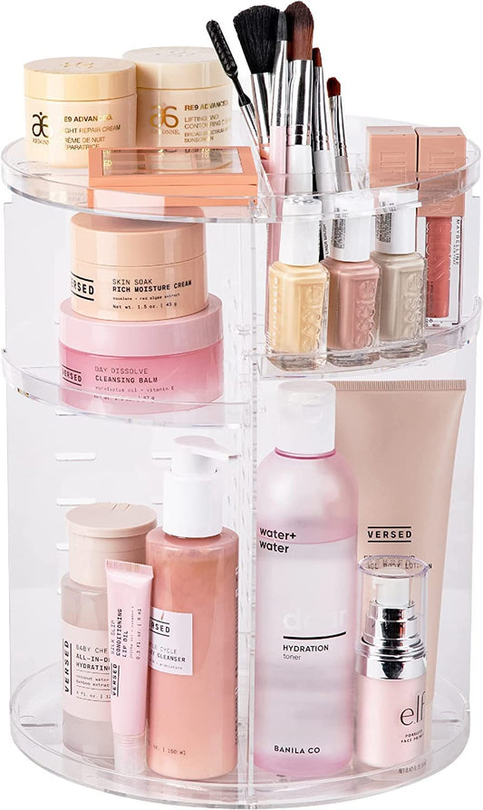 YIEZI 360 Rotating Acrylic Makeup Organiser, Multi-function Adjustable Spinning Holder, Storage Cosmetic, Skincare, Perfume and Accessories, Great for Beauty Vanity, Bedroom, Bathroom, Kitchen - Clear