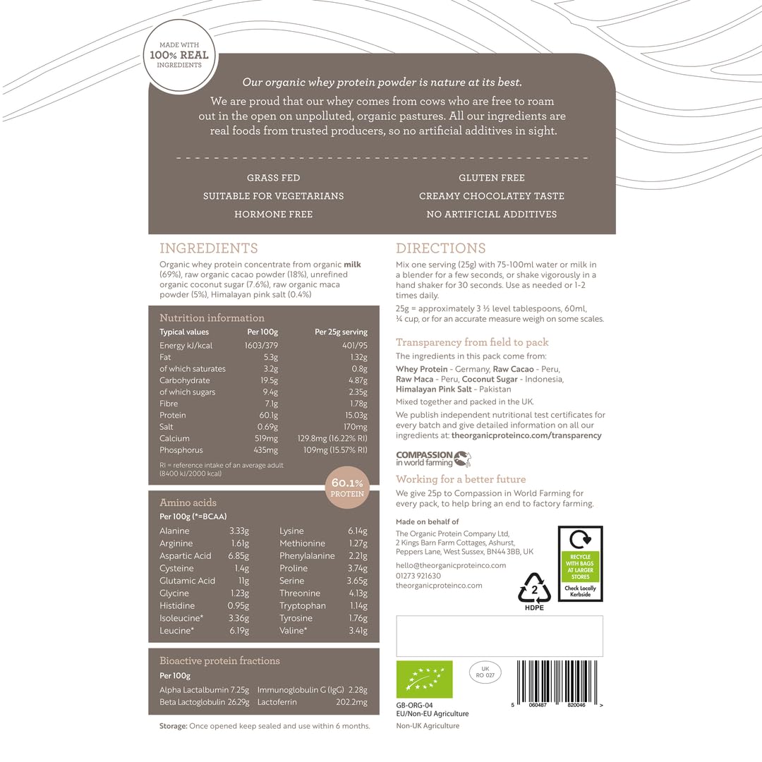 The Organic Protein Co. – Chocolate Organic Whey Protein Powder | Additive Free, Undenatured, Bioactive, UPF Free, Emulsifier Free, Primarily Grass Fed, Vegetarian, Gluten Free – 400g