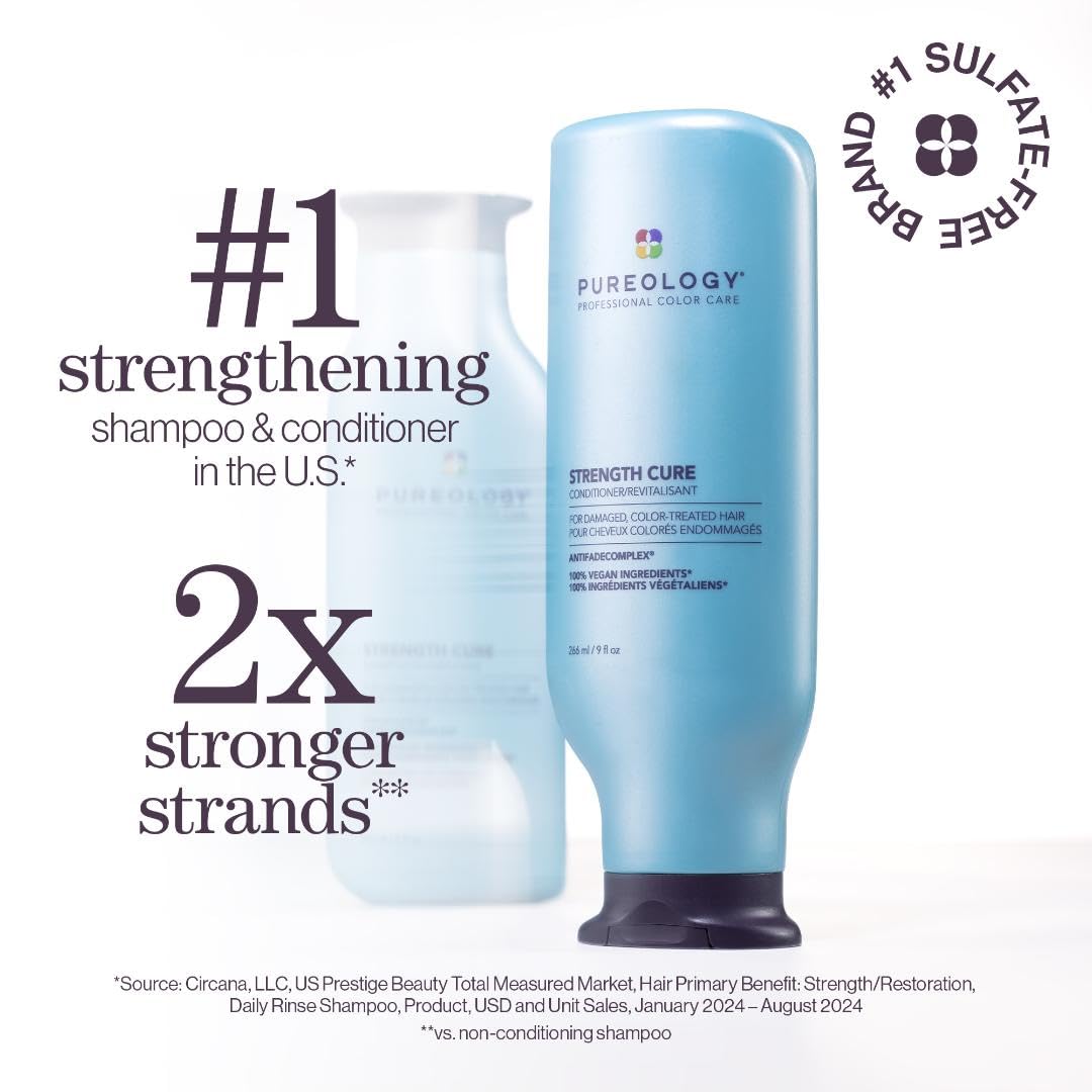 Pureology Strength Cure, Strengthening Shampoo and Conditioner Set, For Damaged, Colour Treated Hair, Vegan Formulas, Sulphate Free for a Gentle Cleanse