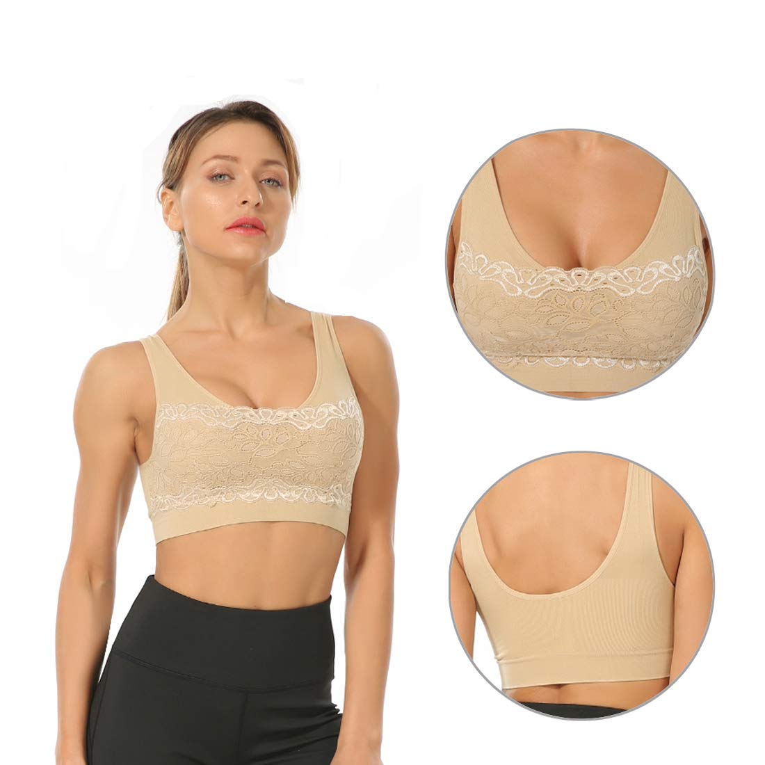 Litthing Women Sports Bra Seamless Comfortable Soft Breathable Ladies Lace Bras Removable Padded Tops Push up Underwear Packs for Yoga Fitness Exercise