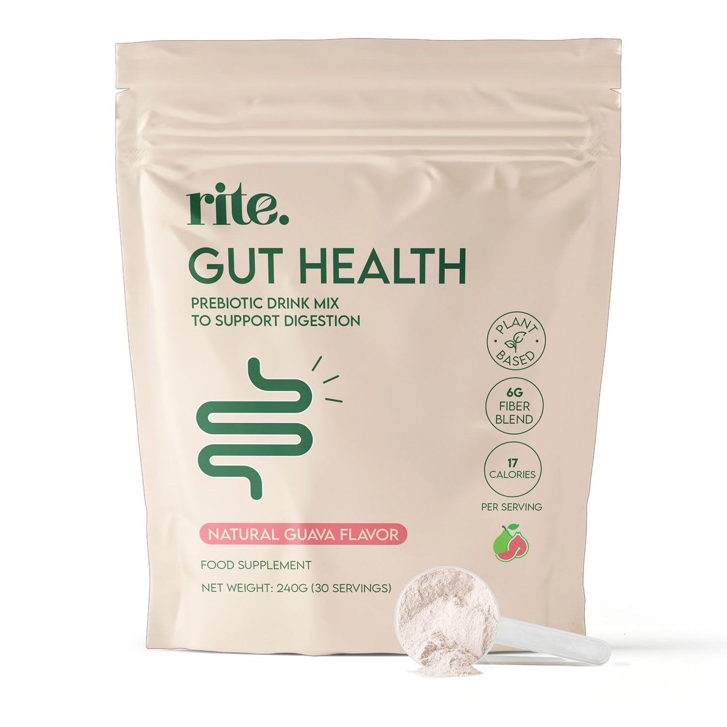 Rite Gut Health Prebiotic Supplement, High Fibre, Soluble Fibre Powder, Digestive Health, Vegan, Guava Flavour (30 Servings, 1 Month)