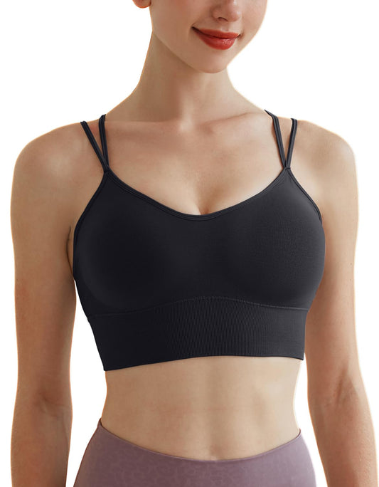 Memoryee Sports Bras Women Padded Cross Back Strappy Non Wired Push Up Medium Impact Vest Crop Top for Running Yoga Dance Black L