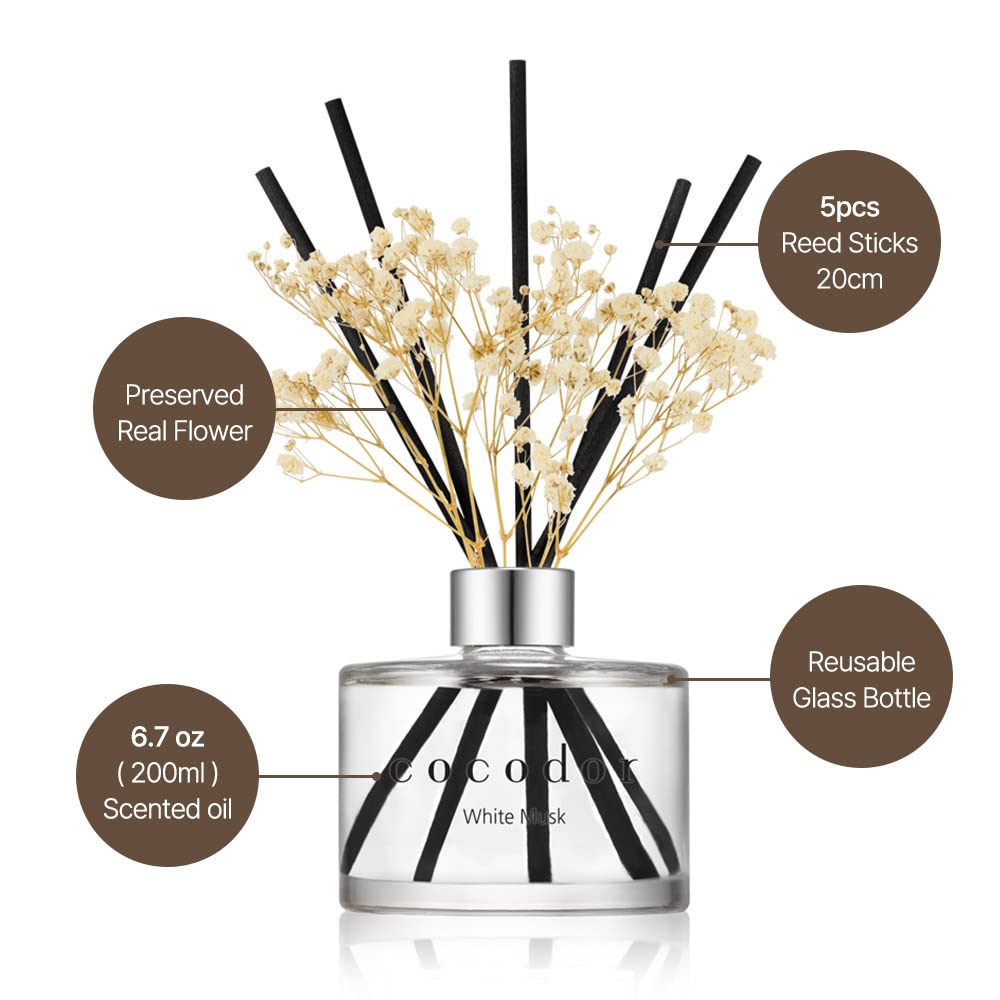 Cocod'or COCODOR Flower Reed Diffuser set / 6.7oz / White Jasmine/Scent Diffuser with Sticks Home Fragrance Reed Diffuser for Bathroom Shelf Decor