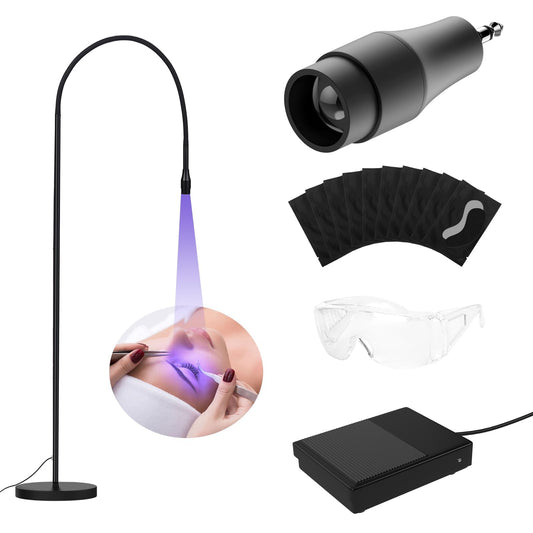 Lmaqfum UV Lash Light for Eyelash Extensions- Curing UV Eyelash Glue, 5W UV Lash Nail Tech Glue Lamp with Foot Pedal Control, Glue Cured in 2-3 Seconds, 10 Eye Patch+Goggles, Adjustable Spot Size
