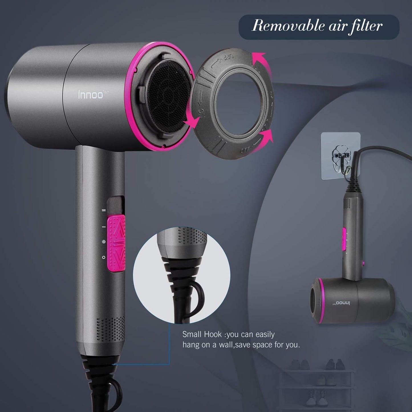 HappyGoo Hair Dryer Professional Ionic Hairdryer with 2 Speed 3 Heat Setting, Cool Shot Button, 1 Diffuser & 2 Concentrator, Hairdryers for Women & Man - Light Gray