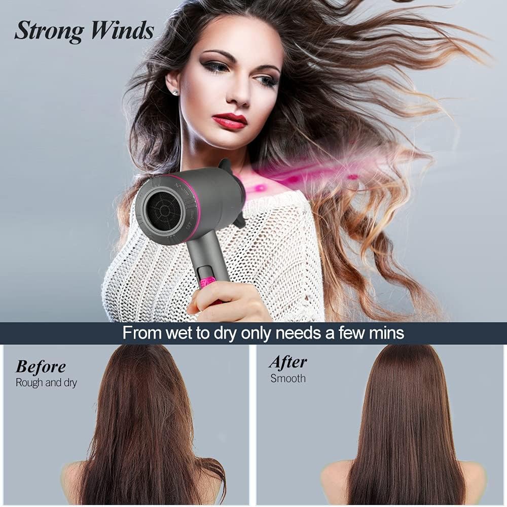 HappyGoo Hair Dryer Professional Ionic Hairdryer with 2 Speed 3 Heat Setting, Cool Shot Button, 1 Diffuser & 2 Concentrator, Hairdryers for Women & Man - Light Gray