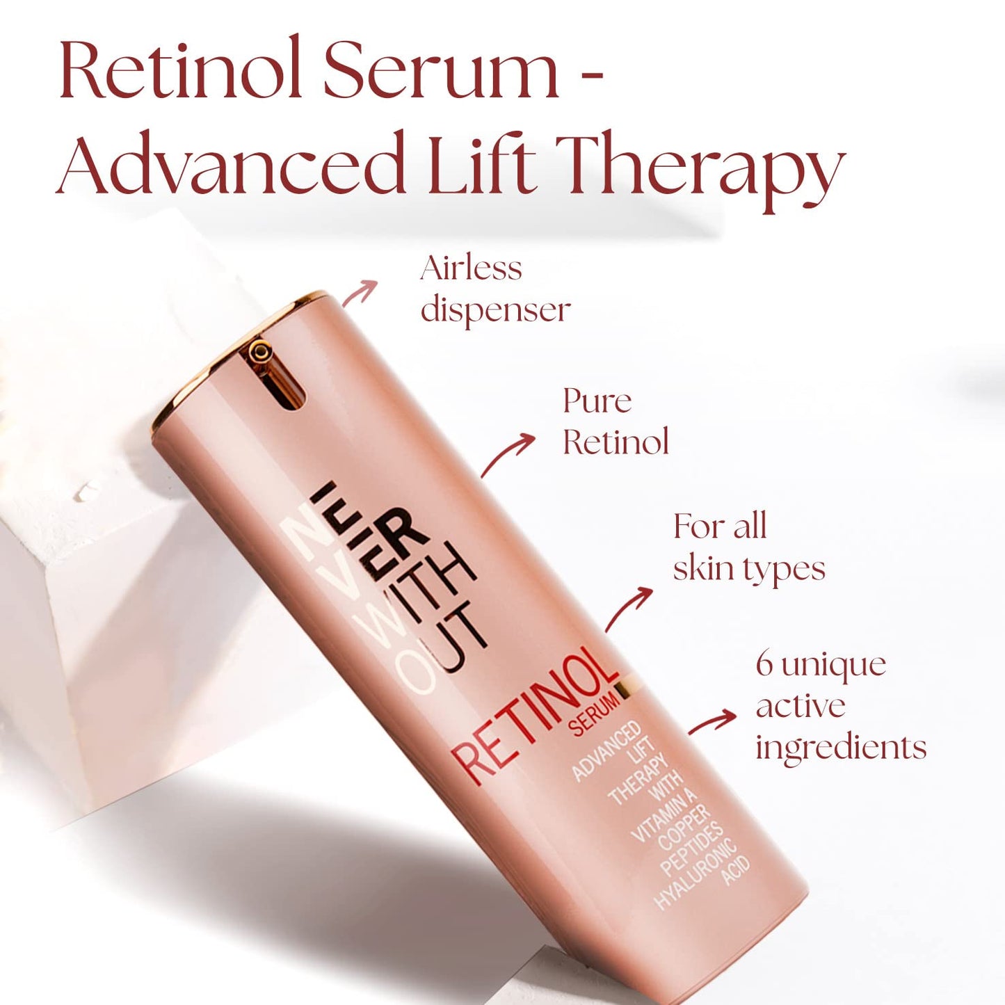 NeverWithout Retinol Serum with Hyaluronic Acid – Consists of Firming Copper Peptides & Collagen, Retinol Night Cream with Vitamin E & B5 for Cell Regeneration – Anti-Aging Serum for Face 30ml