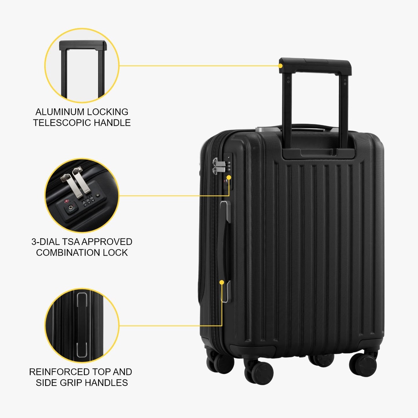 LEVEL8 Carry on Suitcase, 55CM Hand Luggage Expandable with Laptop Compartment, ABS+PC Hardshell Spinner Trolley Cabin Size with 4 Wheels, TSA, Black