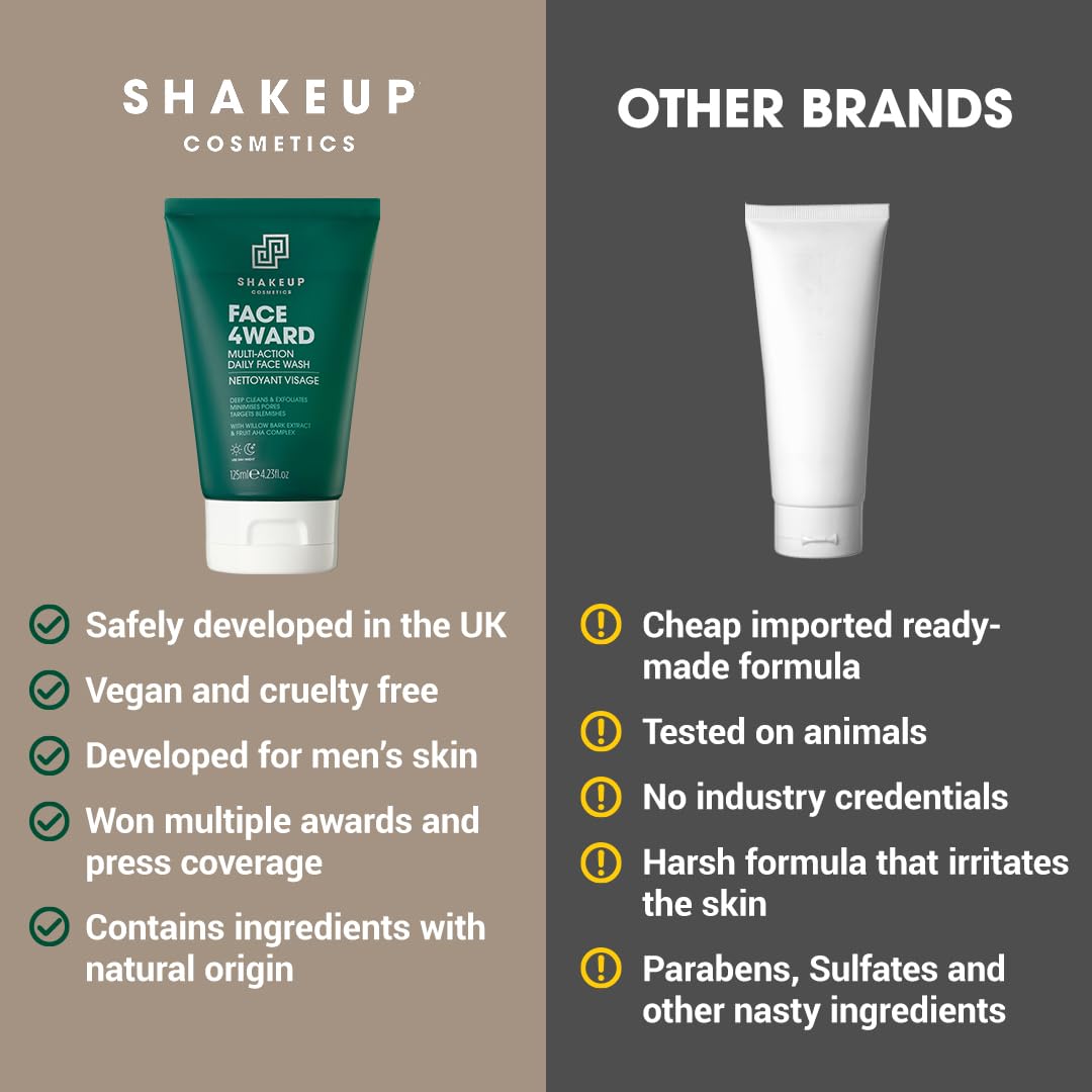 Shakeup Cosmetics Mens Face Wash, Deep Cleans & Exfoliates. Vegan with Willow Bark Extract & Fruit AHA Complex, Suitable for Day & Night, 125ml. Aka. FACE4WARD DAILY FACE WASH