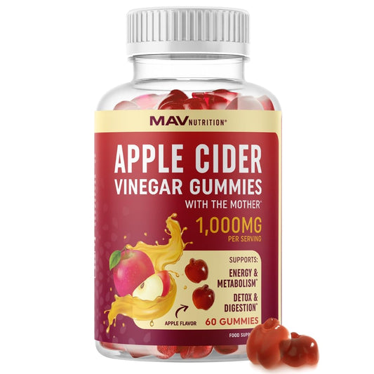 Vegan Apple Cider Vinegar Gummy 1000mg with The Mother | Weight Management, Metabolism, Energy & Digestion Support with Vitamin B6 & B12 | Thermogenic ACV Gummies | 60 Apple Cider Vinegar Gummies
