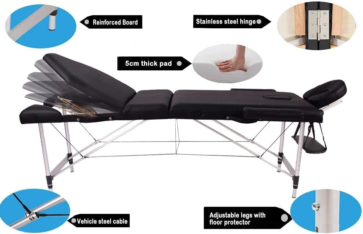 Vesgantti Portable Massage Bed Table - 3-Section Aluminum Foldable Beauty Couch for Reiki Therapy Treatment Salon Healing - Metal Headrest Support/with Carry Bag (Black)
