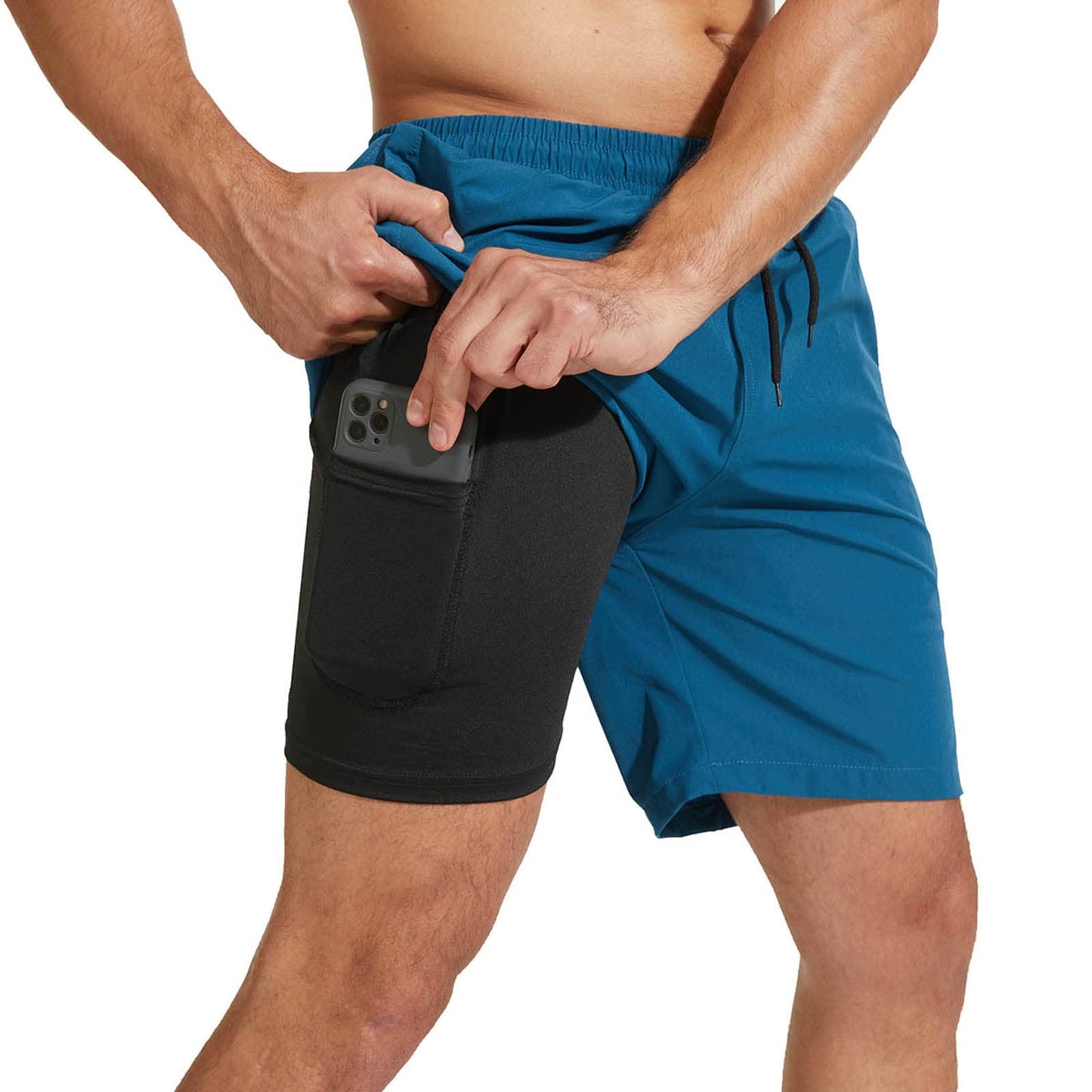 JustSun Mens 2 in 1 Running Shorts Compression Gym Workout Athletic Training Shorts with Zipper Pocket Quick Dry Waterproof Fitness Sport Shorts Peacock Blue XL