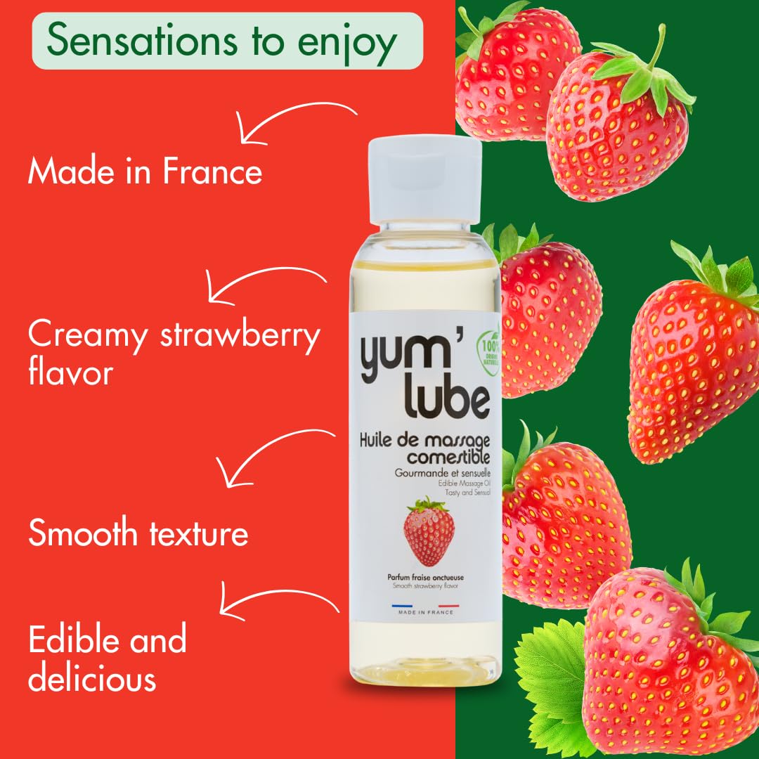 Yum'Lube | Body Oil & Massage Oil | Massage Oils for Date Night & Massage Therapy | Edible Strawberry Flavoured Sex Oil | Relaxing & Sensual Erotic Wellness for Couples | 100% Natural