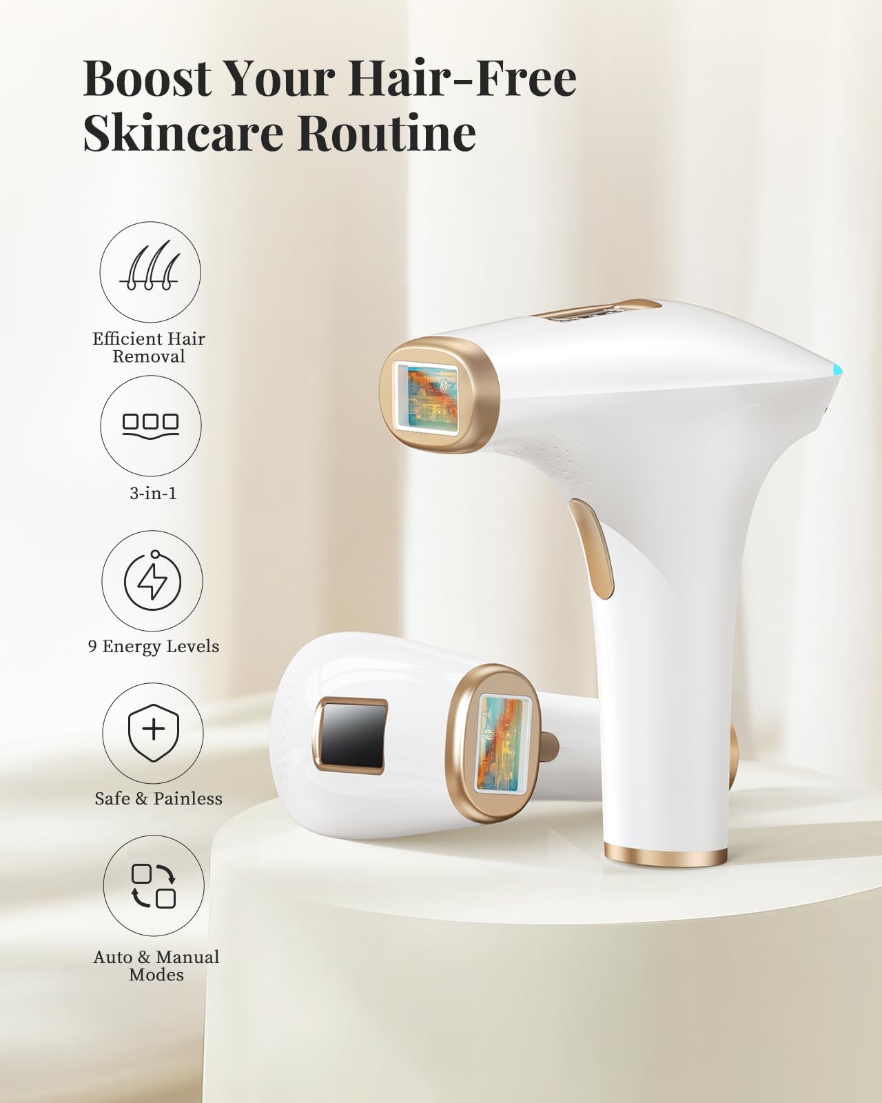 Haarlosy IPL Laser Hair Removal, 3-in-1, Faster, Painless and Salon Quality Results at Home, Hair Removal Device for Women and Men, Long Lasting Smoothness on Face, Bikini Line and Body, Gold