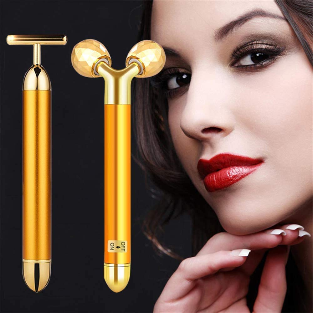 2-in-1 Electric Face Massager Beauty Bar 24k Golden Facial Massager, 3D Roller and T Shape Facial Roller Massager Kit Arm Eye Nose Massager Skin Care Tools