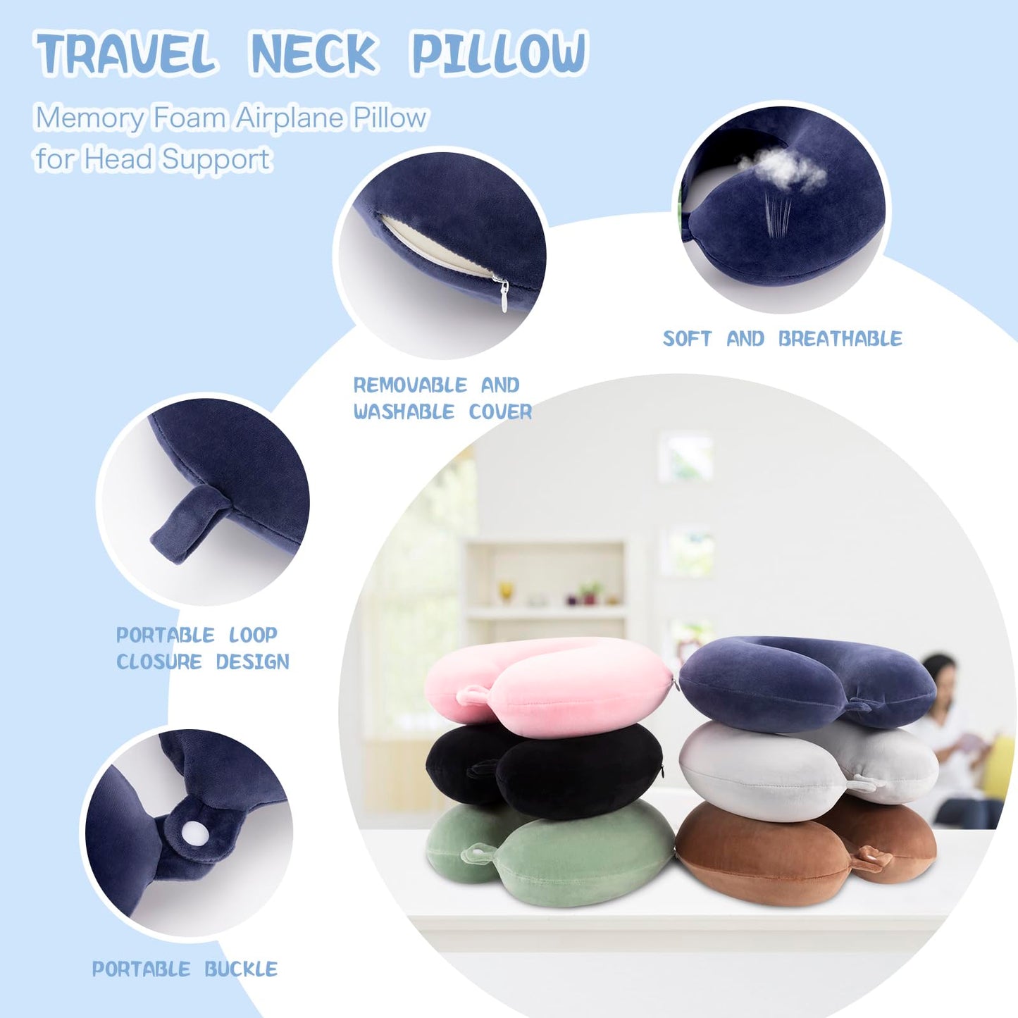 WENGX Travel Pillow Neck Pillow Memory Foam Travel Pillows Head Support Cushion for Airplane Train Car Office Travel Essential Flight Pillows for a Long Hauls Sleeping Rest (Navy Blue)