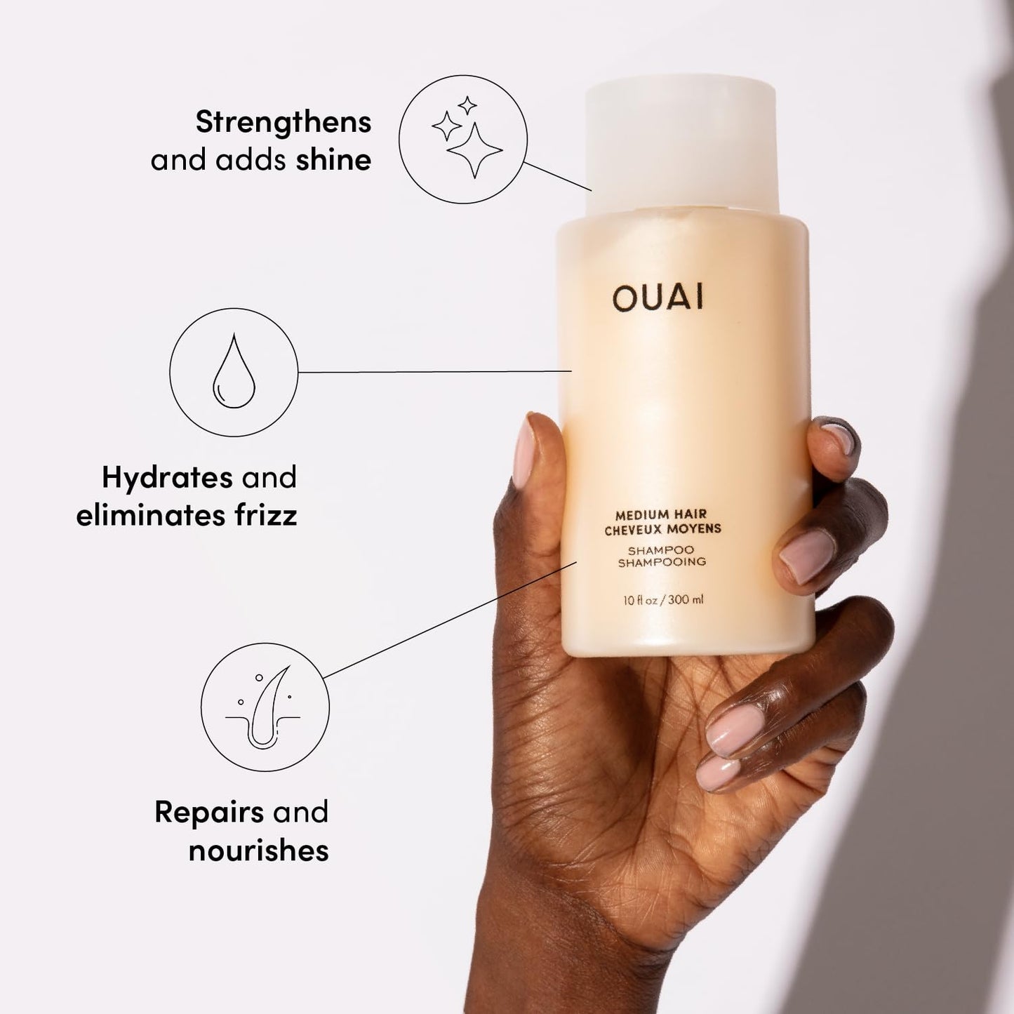 OUAI Medium Shampoo + Conditioner Set - Nourishes with Babassu and Coconut Oils, Strengthens with Keratin & Adds Shine with Kumquat Extract - Free of Parabens, Sulfates & Phthalates - 300 ml Each
