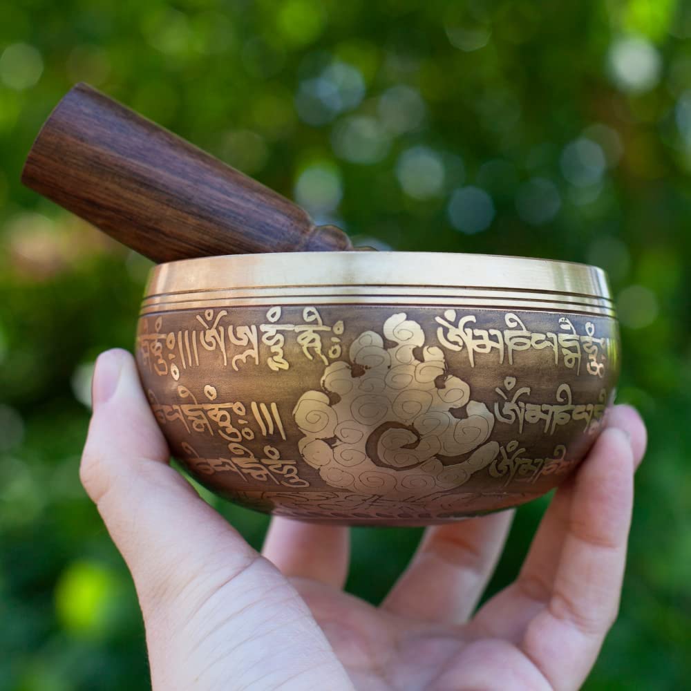 Tibetan Singing Bowl Set - Easy To Play - Om Design For Meditation Sound Chakra Yoga Healing 4 Inches By Himalayan Bazaar (Gold & Yellow)