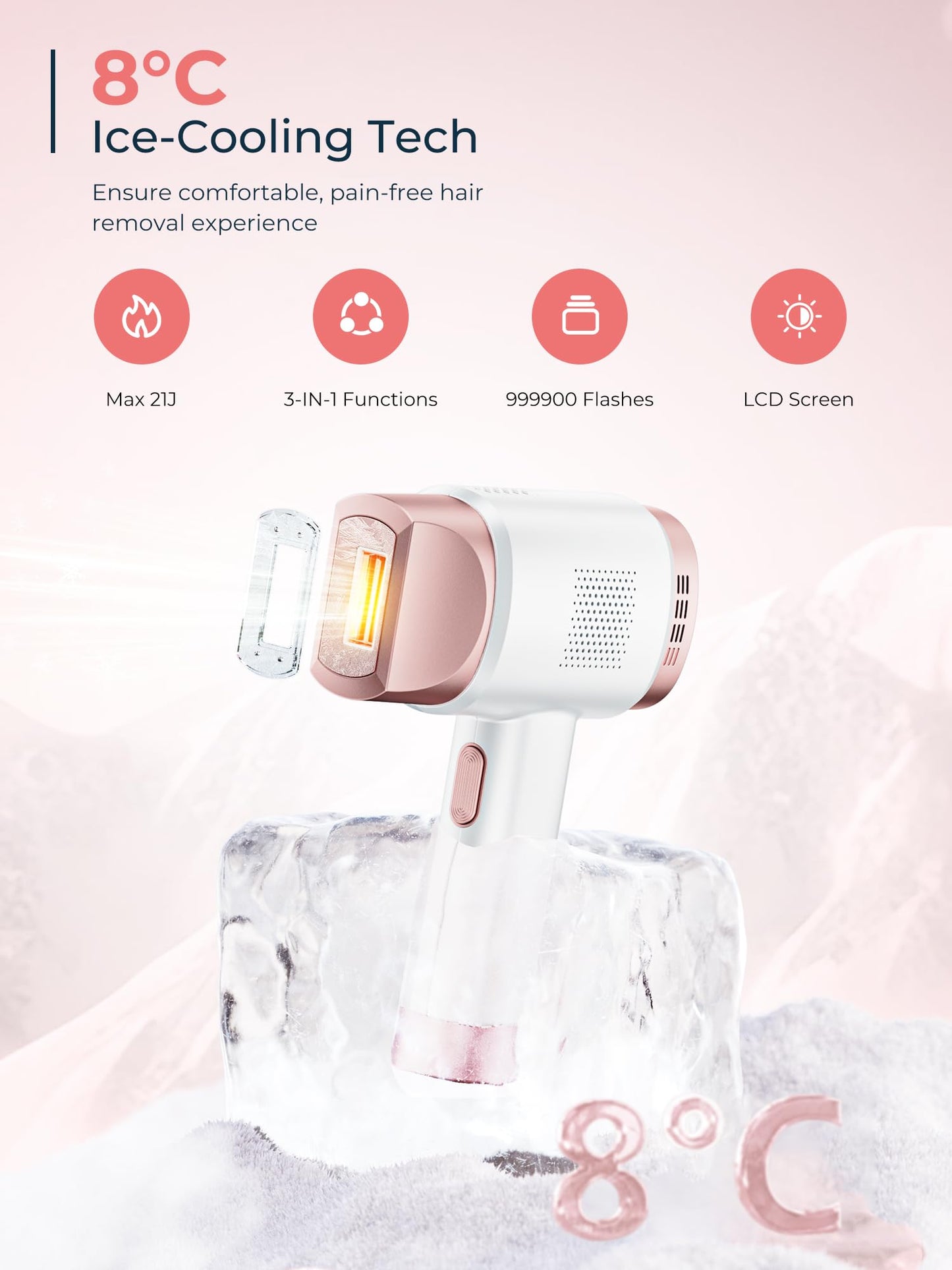 Beauris Ice-Cooling IPL Hair Removal Device, 21J Laser Hair Removal Device with 3 Functions, 9 Energy Levels, IPL Laser Hair Remover for Women Men, Facial Bikini Line Arm Armpits Leg Body, Rose Gold