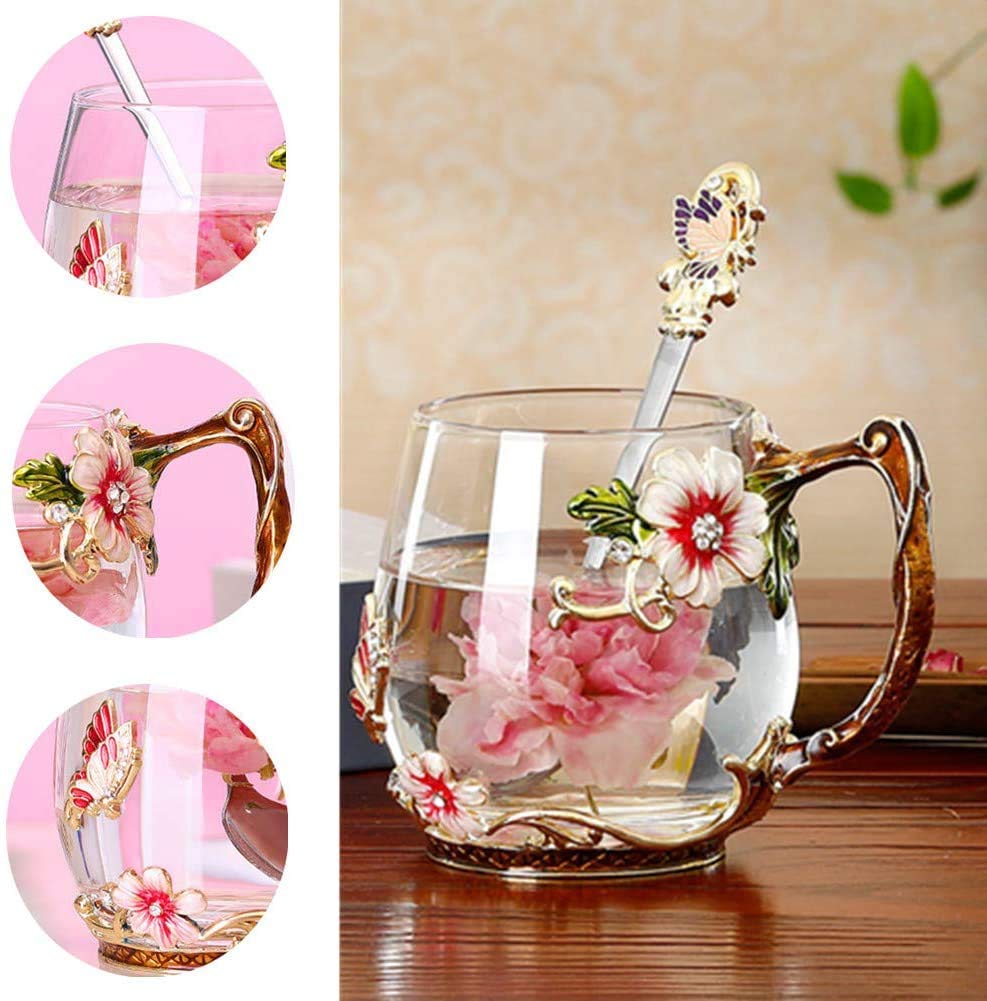Luka Tech Handmade Enamel Butterfly Flower Glass Coffee Mugs Tea Cup with Spoon,Birthday Christmas Gifts for Her Women Mum Friends Teacher Valentines Mothers Day(Red)