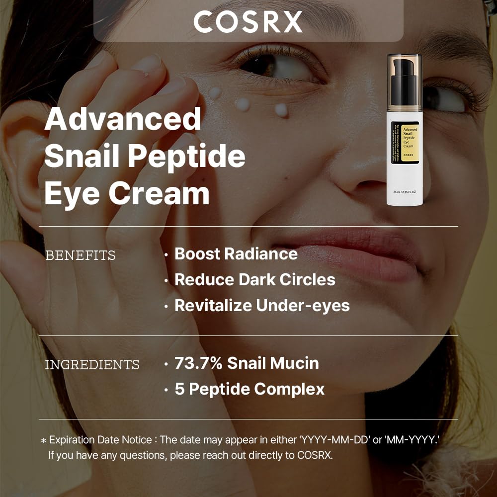 COSRX Advanced Snail Peptide Eye Cream Korean Eye Cream with Snail Mucin, Niacinamide & Peptide for Under Eye Brightening, Anti aging, Fine Lines, Dark Circles & Wrinkle Reduction Korean Skincare 25ml
