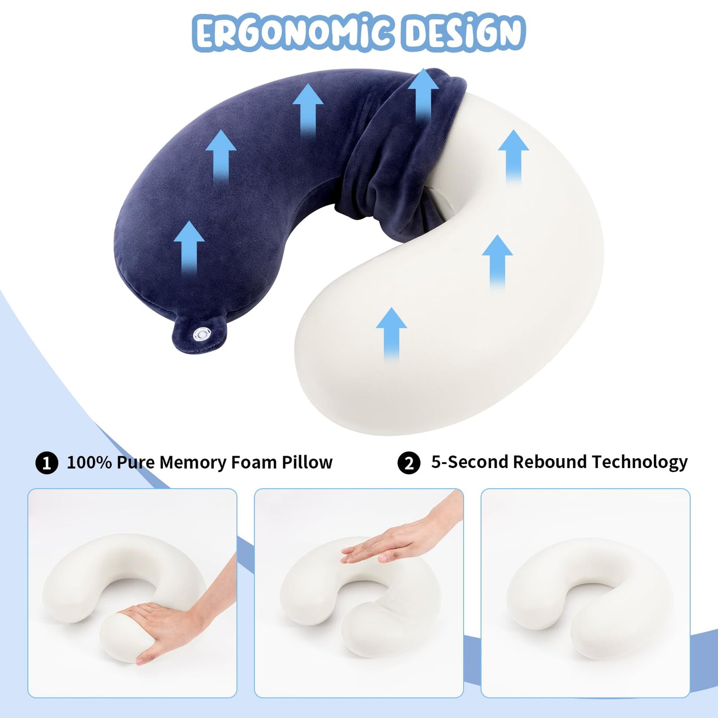 WENGX Travel Pillow Neck Pillow Memory Foam Travel Pillows Head Support Cushion for Airplane Train Car Office Travel Essential Flight Pillows for a Long Hauls Sleeping Rest (Navy Blue)