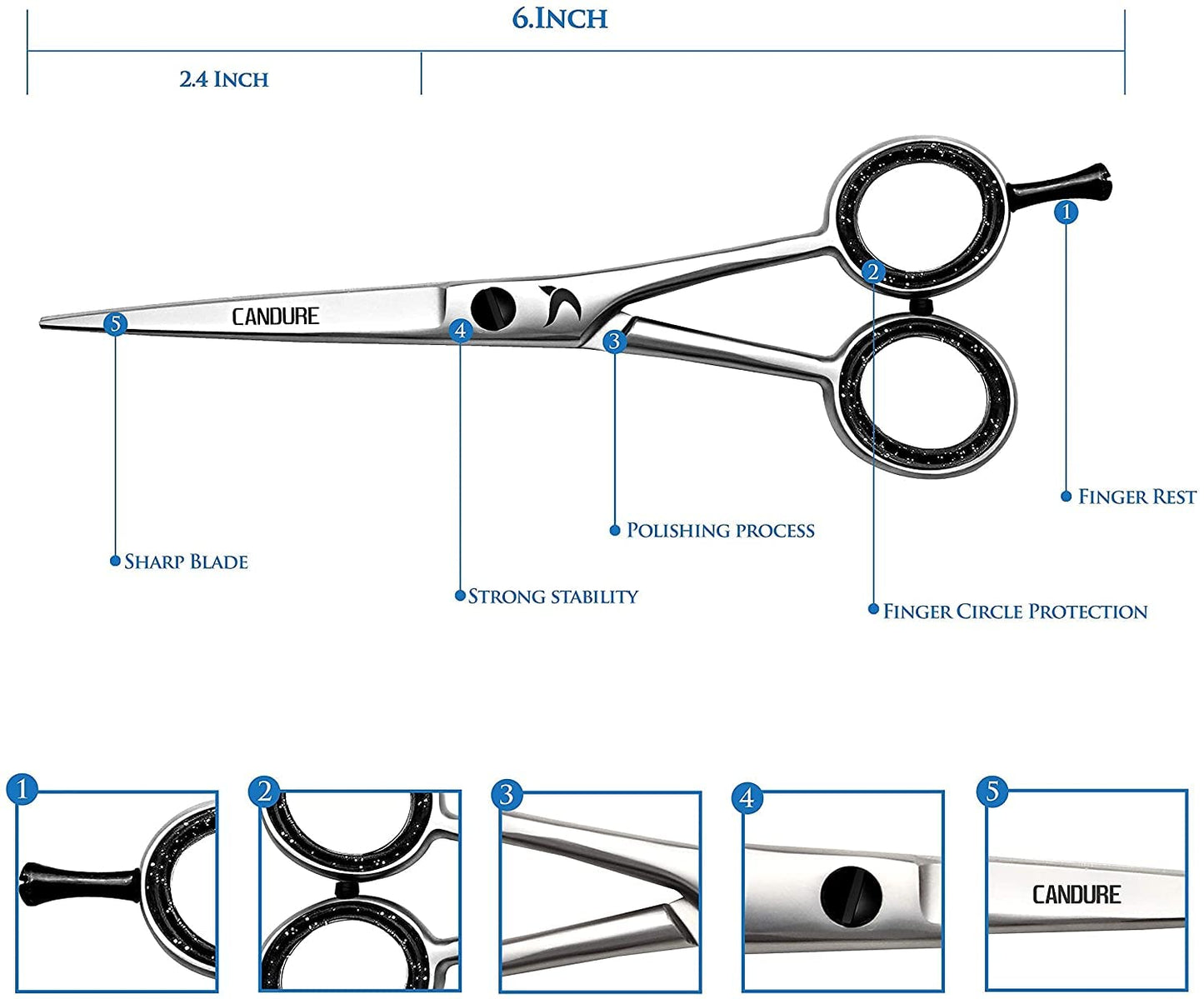 CANDURE Hairdressing Barber Hair Scissor for Professional Hairdressers Barbers Stainless Steel Hair Cutting Shears - For Salon Barbers, Men, Women, Children and Adults