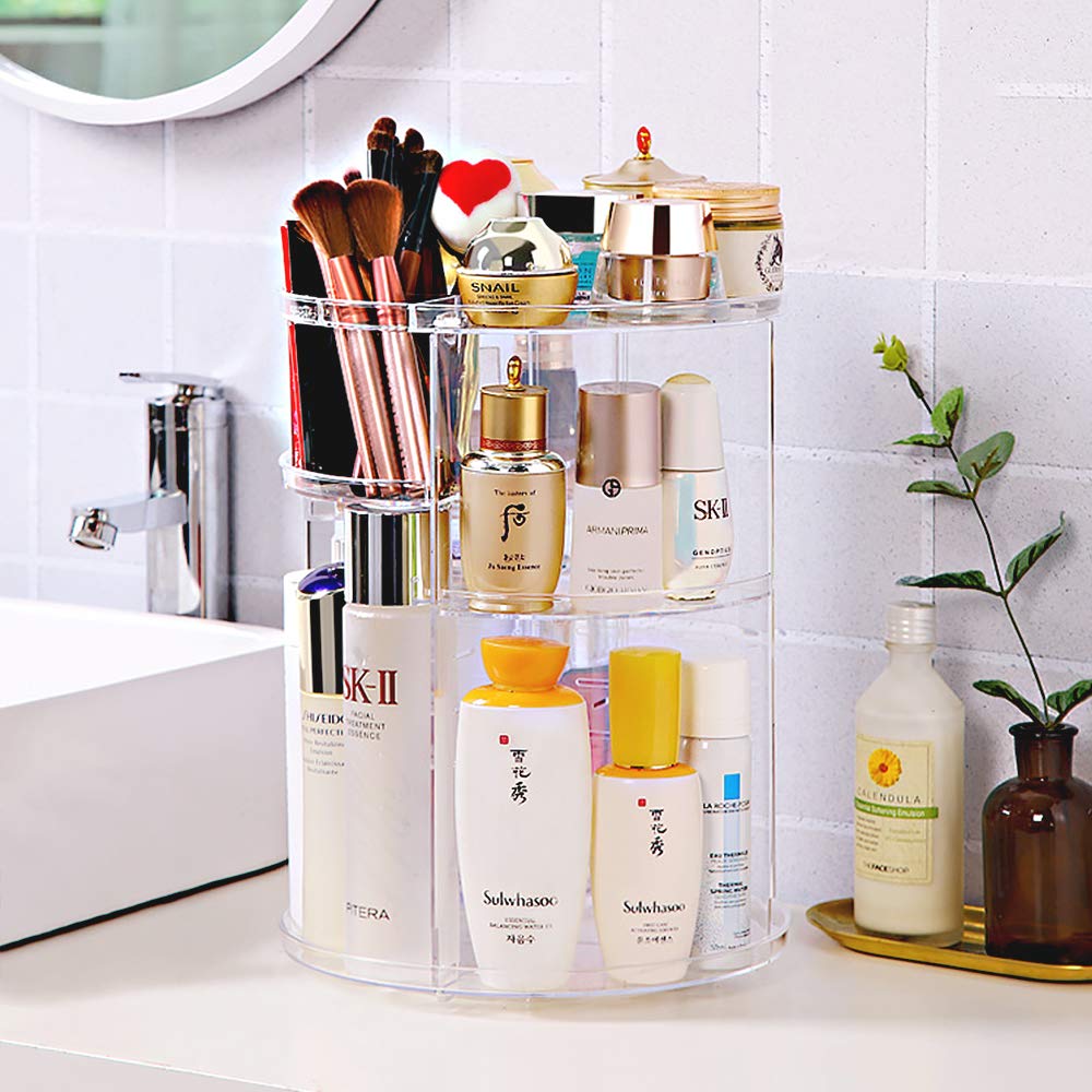 YIEZI 360 Rotating Acrylic Makeup Organiser, Multi-function Adjustable Spinning Holder, Storage Cosmetic, Skincare, Perfume and Accessories, Great for Beauty Vanity, Bedroom, Bathroom, Kitchen - Clear