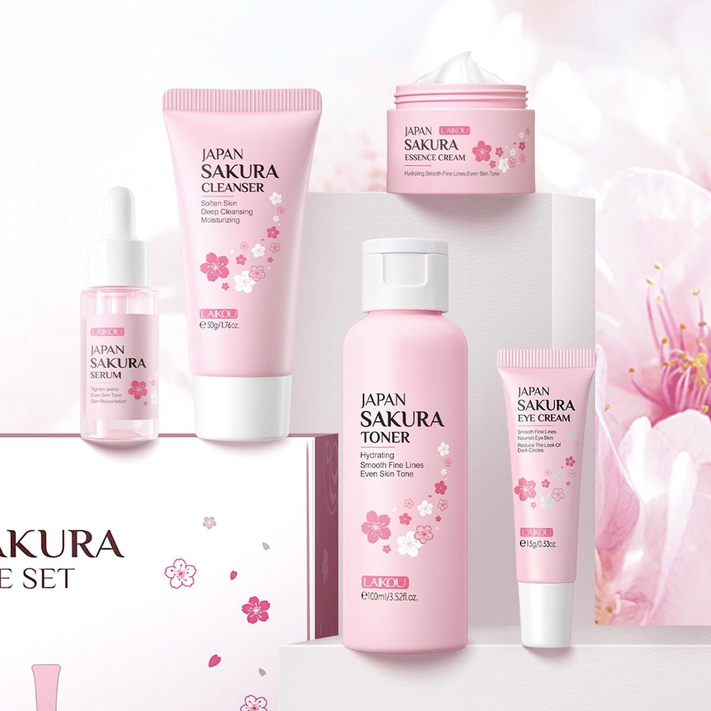 LAIKOU SkinCare Set, JAPAN Sakura Skin Care Sets & Kits - Cleanser,Toner,Face Serum,Eye Cream,Face Cream, Gift Set for Teenage Girls Women Mom Daughter Birthday, Travel Kit for All Skin Types, 5pcs