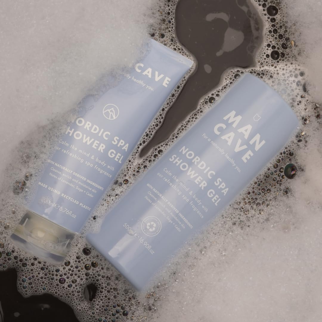 ManCave Nordic Spa Shower Gel Men, 500 ml, Vegan Mens Shower Gel with Natural Ingredients - Calming Lavender, Earthy Sage & Warm Cedar - Cruelty-Free Body Wash, Eco-Conscious & Recycled Packaging