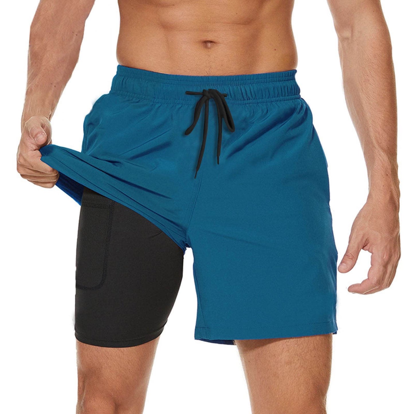 JustSun Mens 2 in 1 Running Shorts Compression Gym Workout Athletic Training Shorts with Zipper Pocket Quick Dry Waterproof Fitness Sport Shorts Peacock Blue XL