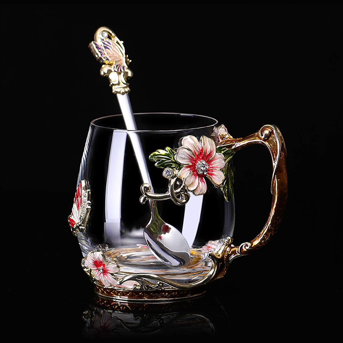 Luka Tech Handmade Enamel Butterfly Flower Glass Coffee Mugs Tea Cup with Spoon,Birthday Christmas Gifts for Her Women Mum Friends Teacher Valentines Mothers Day(Red)