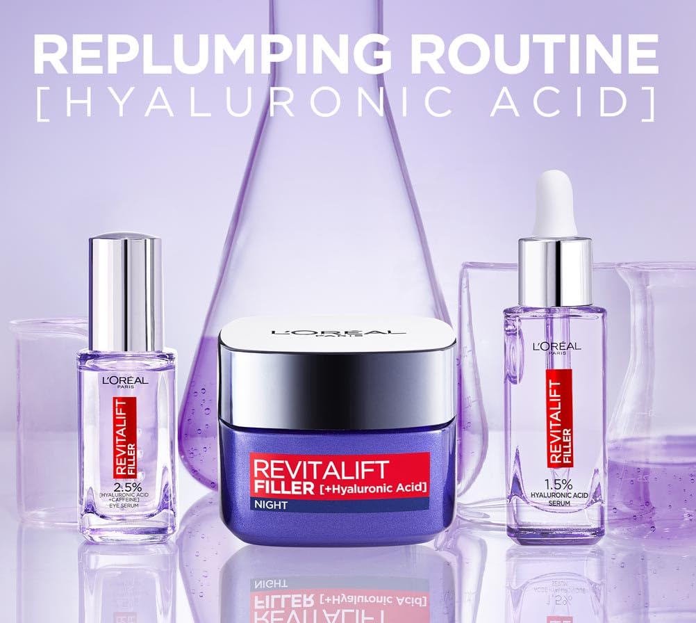 L’Oréal Paris Revitalift Filler Replumping Anti-Ageing Night Cream, Smooth Wrinkles, Moisturise, and Replumps Skin with Micro and Micro-Epidermic Hyaluronic Acid, 50ml