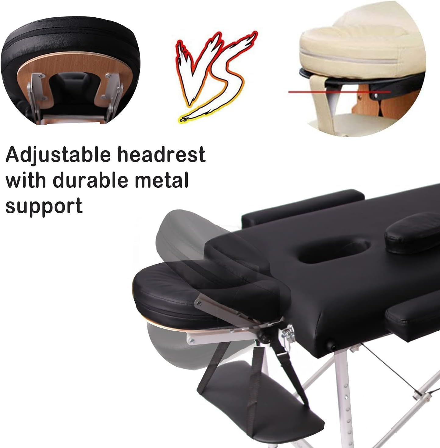 Vesgantti Portable Massage Bed Table - 3-Section Aluminum Foldable Beauty Couch for Reiki Therapy Treatment Salon Healing - Metal Headrest Support/with Carry Bag (Black)