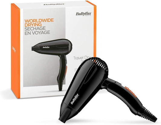 BaByliss Travel Folding Hair Dryer - Lightweight and Powerful 2000W Blow Dryer, Dual Voltage, Worldwide Use, 2 Heat/Speed Settings, Black/Orange, 5334U