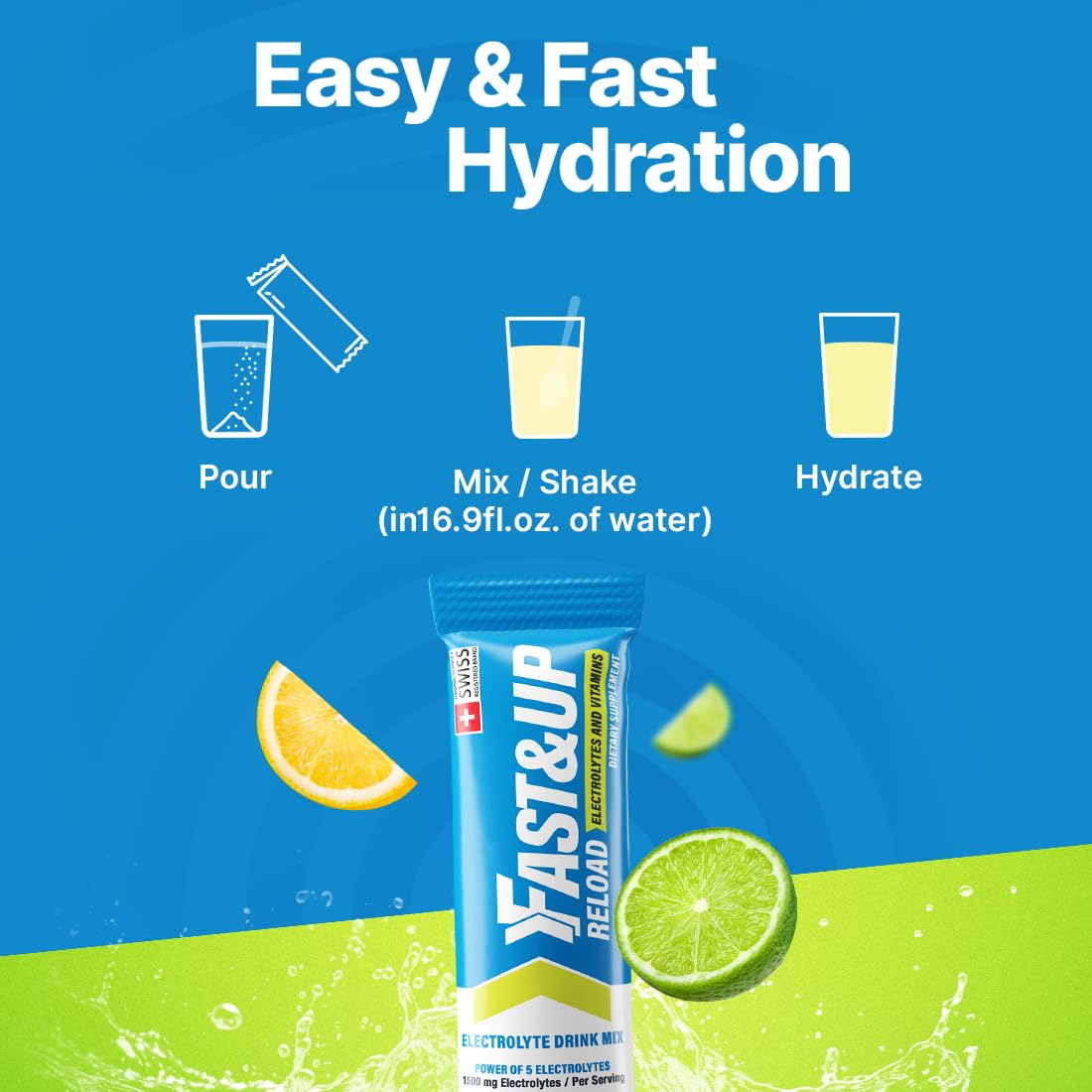 Fast&Up Reload Electrolyte Powder Drink Mix |15 sachets| 5 Electrolytes & Vitamins for Instant Hydration & Energy | (Lemon & Lime)