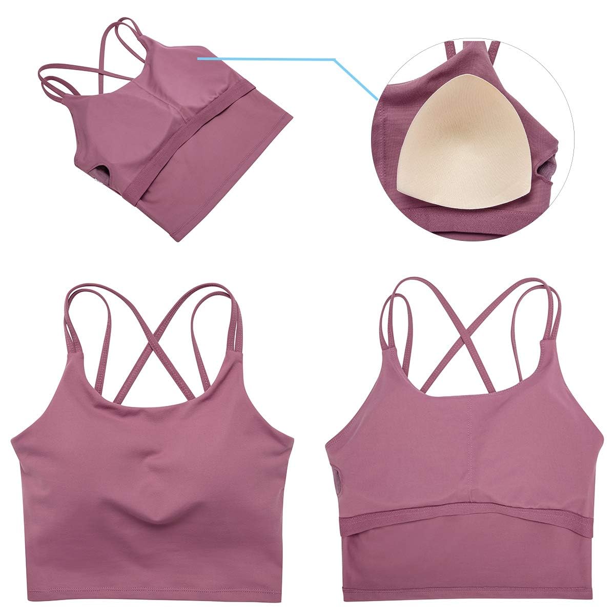 ZAIQUN Women Padded Sports Bra Wirefree for Fitness Workout Running Shirts Yoga Tank Top Rose Purple