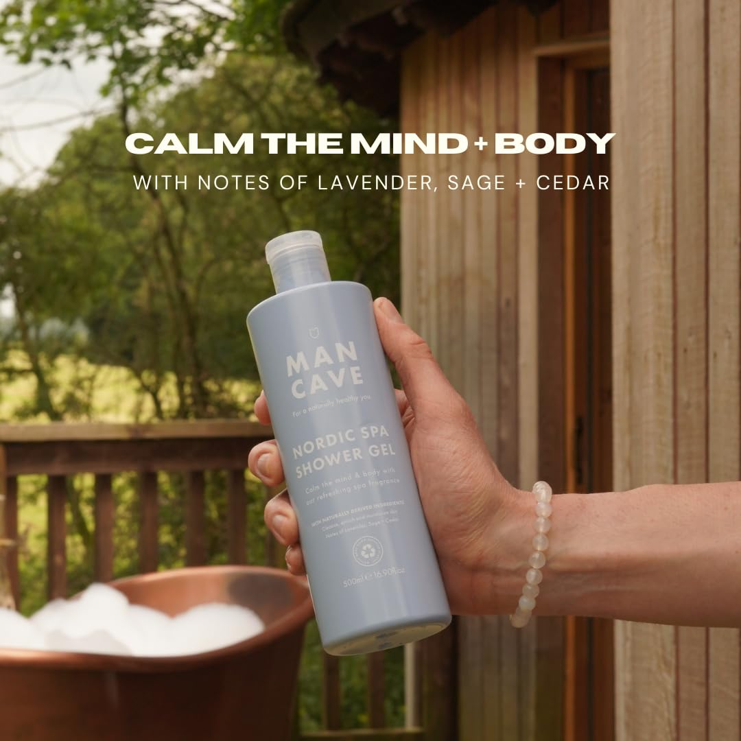 ManCave Nordic Spa Shower Gel Men, 500 ml, Vegan Mens Shower Gel with Natural Ingredients - Calming Lavender, Earthy Sage & Warm Cedar - Cruelty-Free Body Wash, Eco-Conscious & Recycled Packaging