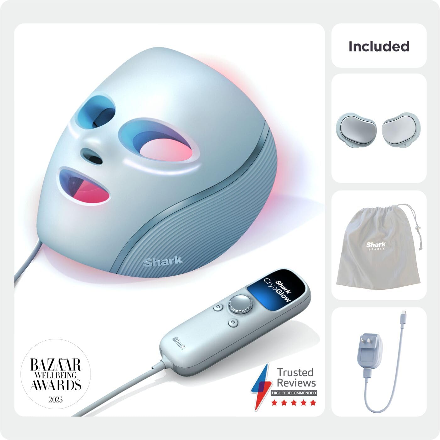 Shark CryoGlow LED Face Mask with Under-Eye Cooling, Anti-Ageing & Blemish Repair, Red & Blue LED, Infrared Light Therapy, USB-C, Remote Control, Storage Bag, Adjustable Straps, Blue Frost FW312UK