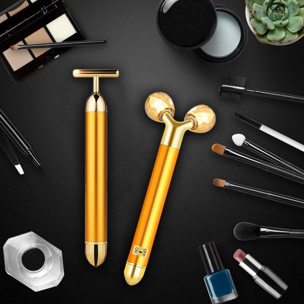2-in-1 Electric Face Massager Beauty Bar 24k Golden Facial Massager, 3D Roller and T Shape Facial Roller Massager Kit Arm Eye Nose Massager Skin Care Tools