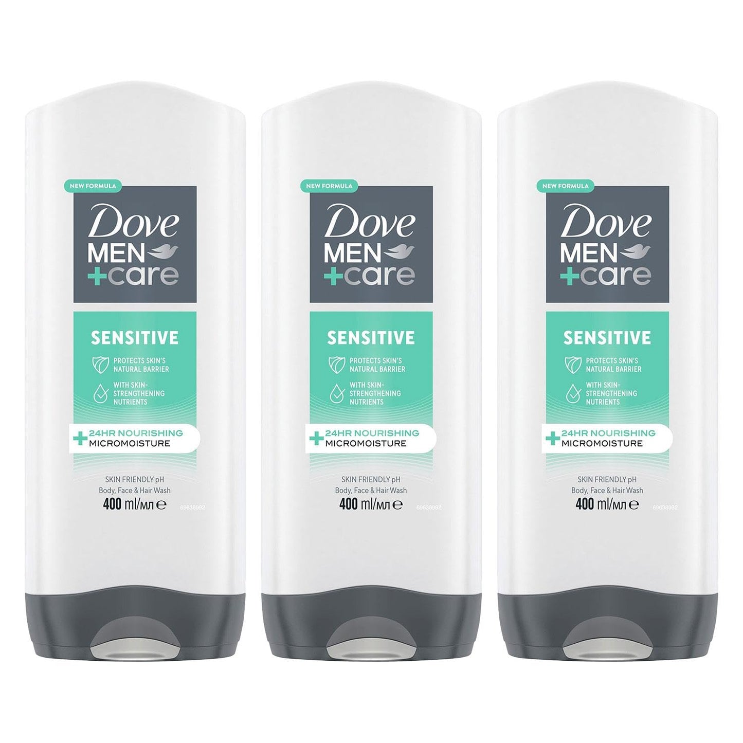Dove Men+Care 3-in-1 Body, Face & Hair Wash Hydrating Sensitive Provides 24 Hour Nourishment with Clean and Calm Scent of Fresh Mint and Cedar Body Wash for Men, 400ml Pack of 3