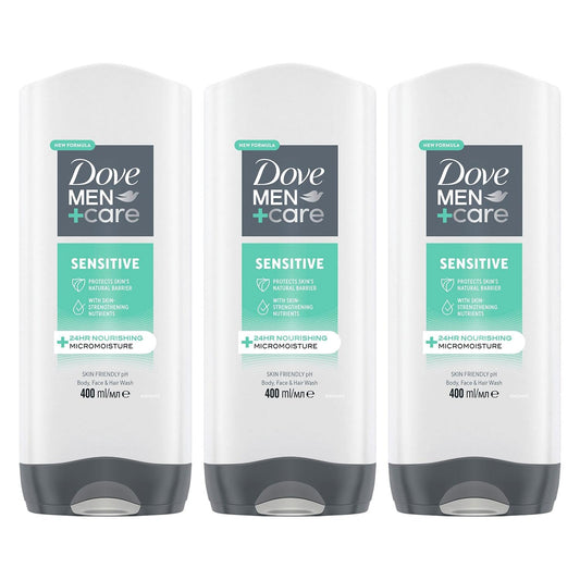 Dove Men+Care 3-in-1 Body, Face & Hair Wash Hydrating Sensitive Provides 24 Hour Nourishment with Clean and Calm Scent of Fresh Mint and Cedar Body Wash for Men, 400ml Pack of 3